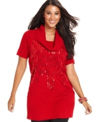 Sparkle this season with AGB's cowlneck plus size tunic sweater, showcasing a sequined front! Sparkle this season with AGB's cowlneck plus size tunic sweater, showcasing a sequined front!