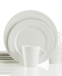 Find style and substance in the pure white glaze and durable bone china of the Lenox Tin Can Alley dinnerware set. Concentric grooves – four degrees – distinguish the edge or exterior of each piece for a look of understated elegance. Find style and substance in the pure white glaze and durable bone china of the Lenox Tin Can Alley dinnerware set. Concentric grooves – four degrees – distinguish the edge or exterior of each piece for a look of understated elegance.