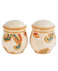 A fresh twist on a familiar pattern, Carissa Paisley salt and pepper shakers by Fitz and Floyd mix colorful paisleys with sculpted rope in casual earthenware. A fresh twist on a familiar pattern, Carissa Paisley salt and pepper shakers by Fitz and Floyd mix colorful paisleys with sculpted rope in casual earthenware.