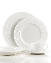 Set the tone with the white bone china of Devore dinnerware. A matte, organic texture lends chic distinction to a place setting that's equally suited for fine dinner parties and every day of the week. From Donna Karan by Lenox.