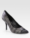 Bicolor pump of lizard-print leather, with a crocodile-embossed cap toe for some exotic edge. Lizard-print leather heel, 3¾ (95mm)Lizard-print leather upper with crocodile-print leather cap toePoint toeLeather lining and solePadded insoleImported