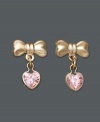 Your princess will look pretty in pink. Ribbon earrings feature a heart-shaped pink cubic zirconia drop charm. Crafted in 14k gold. Approximate drop: 1/2 inch.
