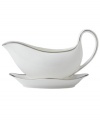 The classic, heirloom-quality Sterling dinnerware and dishes pattern by Wedgwood is designed for formal entertaining, in pristine white bone china banded with polished platinum.