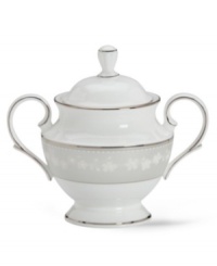 A sweet sensation for your table. This essential sugar bowl is crafted in bone china with a delicate floral design with textured white beads and elegant platinum trim. From the Lenox dinnerware collection. A sweet sensation for your table. This essential sugar bowl is crafted in bone china with a delicate floral design with textured white beads and elegant platinum trim. From the Lenox dinnerware collection.