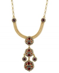 Eclectic appeal. This pendant necklace from Jessica Simpson is crafted from gold-tone mixed metal with faceted red stones adding a fashion infusion. Approximate length: 26 inches. Approximate drop: 3 inches. Eclectic appeal. This pendant necklace from Jessica Simpson is crafted from gold-tone mixed metal with faceted red stones adding a fashion infusion. Approximate length: 26 inches. Approximate drop: 3 inches.