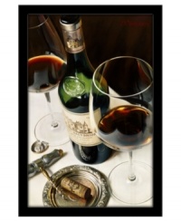 An appetizing still life for the dining room or kitchen wall, Chateau Haut Brione by Dimitri Volkov is a tribute to fine wine and superior taste. A half-empty bottle and glasses for two await on a crisp white tablecloth. An appetizing still life for the dining room or kitchen wall, Chateau Haut Brione by Dimitri Volkov is a tribute to fine wine and superior taste. A half-empty bottle and glasses for two await on a crisp white tablecloth.