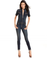 Take your street style seriously in Baby Phat's short-sleeve denim jumpsuit! Features skinny leg design and clean zip details that make this look unforgettable. Take your street style seriously in Baby Phat's short-sleeve denim jumpsuit! Features skinny leg design and clean zip details that make this look unforgettable.