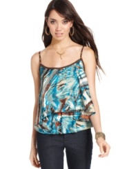 From the soft tiers that flow away from the body to the print that evokes ocean life, gorgeous details are in full supply on this must-have top from Baby Phat! From the soft tiers that flow away from the body to the print that evokes ocean life, gorgeous details are in full supply on this must-have top from Baby Phat!