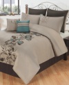Elegant simplicity. This Ophillia comforter set renders a serene appeal in the bedroom with rich solids and a stenciled floral pattern with pops of turquoise for a dash of artistic style. Comes complete with bedskirt, shams and two decorative pillows for the full look.