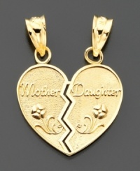 Another way for mothers and daughters to show their love. Split heart charm is set in 14k gold and featured floral detail. Drop measures 1/2 inch. Another way for mothers and daughters to show their love. Split heart charm is set in 14k gold and featured floral detail. Drop measures 1/2 inch.