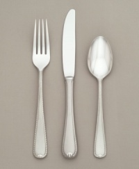 The distinctive formal Ribbon Edge Frost pattern is designed with a matte-finished ribbon gracefully entwining the polished stainless steel handle. Includes a sugar spoon, butter knife and two tablespoons. The distinctive formal Ribbon Edge Frost pattern is designed with a matte-finished ribbon gracefully entwining the polished stainless steel handle. Includes a sugar spoon, butter knife and two tablespoons.