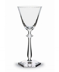 With a thin, regal shape that flows up from a sturdy, hexagonal base to a pedestal decoration at the neck, the Arcade water goblet is as delicate and tough as the most proper royalty. With a thin, regal shape that flows up from a sturdy, hexagonal base to a pedestal decoration at the neck, the Arcade water goblet is as delicate and tough as the most proper royalty.
