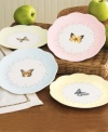 Serve dessert with as much variety as you can. Each plate in this set of four dessert plates comes with a different butterfly at its center, and a different colored border around it-pale yellow, blue, pink, or green. The result is a sense of calm and varied beauty as simple as a country meadow.