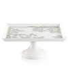 Stenciled grey florals in white porcelain make this square cake stand a must with Lisbon Grey and Banded dinnerware, also by Martha Stewart Collection.