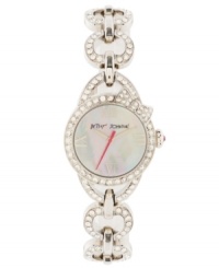 Bow-tie your outfit together with a little treasure from Betsey Johnson. Watch crafted of stainless steel heart-shaped link bracelet encrusted with crystal accents and round stainless steel case. Bow-topped bezel embellished with crystal accents. White mother-of-pearl dial features silver tone Roman numerals at twelve, three, six and nine o'clock, silver tone hour and minute hands, fuchsia second hand and logo. Quartz movement. Water resistant to 30 meters. Two-year limited warranty. Bow-tie your outfit together with a little treasure from Betsey Johnson. Watch crafted of stainless steel heart-shaped link bracelet encrusted with crystal accents and round stainless steel case. Bow-topped bezel embellished with crystal accents. White mother-of-pearl dial features silver tone Roman numerals at twelve, three, six and nine o'clock, silver tone hour and minute hands, fuchsia second hand and logo. Quartz movement. Water resistant to 30 meters. Two-year limited warranty.