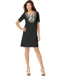 An embroidered tunic gets revamped into a summery dress in this Jones New York Signature look. Pair it with wedge sandals for the chicest look of the season! An embroidered tunic gets revamped into a summery dress in this Jones New York Signature look. Pair it with wedge sandals for the chicest look of the season!