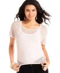 Wake-up your day look with understated glimmer in this sheer, short sleeve sweater dusted in tonal sequins! From Fresh Brewed. Wake-up your day look with understated glimmer in this sheer, short sleeve sweater dusted in tonal sequins! From Fresh Brewed.