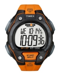 On your mark, get set, go. Sport watch by Timex crafted of orange resin strap and round black plastic case. Positive digital display dial features time, day, date and Indiglo night light. Quartz movement. Water resistant to 100 meters. One-year limited warranty. On your mark, get set, go. Sport watch by Timex crafted of orange resin strap and round black plastic case. Positive digital display dial features time, day, date and Indiglo night light. Quartz movement. Water resistant to 100 meters. One-year limited warranty.