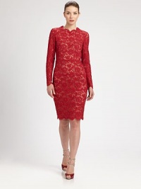 Romantic floral lace, impeccably tailored with alluring back cutouts and accented with signature silk satin bows.Jewel necklineSheer yokeLong sleevesBack keyholes with silk bowsBack ventConcealed back zipFully linedAbout 24 from waist to hem76% cotton/12% nylon/12% viscoseDry cleanMade in Italy of imported fabricModel shown is 5'11 (180cm) wearing US size 4. Romantic floral lace, impeccably tailored with alluring back cutouts and accented with signature silk satin bows.Jewel necklineSheer yokeLong sleevesBack keyholes with silk bowsBack ventConcealed back zipFully linedAbout 24 from waist to hem76% cotton/12% nylon/12% viscoseDry cleanMade in Italy of imported fabricModel shown is 5'11 (180cm) wearing US size 4.