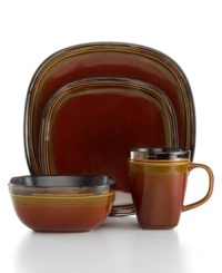 Plate it with one-of-a-kind style thanks to Gibson's Cafe Rustica dinnerware set. Reactive glaze gives distinct color and detail to squared plates, bowls and mugs with a raised edge and rich, earthy palette. Ultra-durable stoneware adds to its appeal. Plate it with one-of-a-kind style thanks to Gibson's Cafe Rustica dinnerware set. Reactive glaze gives distinct color and detail to squared plates, bowls and mugs with a raised edge and rich, earthy palette. Ultra-durable stoneware adds to its appeal.