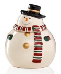 Round and irresistible, the Winter's Snowman cookie jar from Gibson depicts a snowman smiling happily after a few too many treats. A striped scarf and cartoonish face add to his whimsical appeal. Round and irresistible, the Winter's Snowman cookie jar from Gibson depicts a snowman smiling happily after a few too many treats. A striped scarf and cartoonish face add to his whimsical appeal.