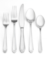 Tie your table setting together in a neat little bow with Bonnie flatware. Classic silhouettes feature tines and bowls that move flawlessly from salad to dessert while a delicate polished edge contrasts the smooth, satin finish. Tie your table setting together in a neat little bow with Bonnie flatware. Classic silhouettes feature tines and bowls that move flawlessly from salad to dessert while a delicate polished edge contrasts the smooth, satin finish.