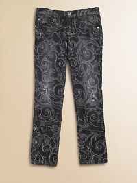 Crafted in a stylish skinny silhouette with floral detailing and back pocket logo.Front button closureWaistband with belt loopsZip flyFive-pocket style98% cotton/2% elastaneMachine washImported Crafted in a stylish skinny silhouette with floral detailing and back pocket logo.Front button closureWaistband with belt loopsZip flyFive-pocket style98% cotton/2% elastaneMachine washImported