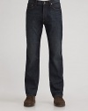 Dressed-up denim is cut with straight legs in a soft wash and ultra-dark rinse. Five-pocket style Zip fly Signature back patch Inseam, about 34 Cotton; machine wash Imported
