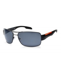 With the disctinctive red stripe at each temple, this polarized square design from Prada Linea Rossa is high-performance in style. The black frame features grey lenses. With the disctinctive red stripe at each temple, this polarized square design from Prada Linea Rossa is high-performance in style. The black frame features grey lenses.