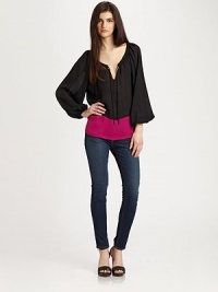 The figure-flattering peasant top elevated in bold, colorblocked silk georgette.ScoopneckTie-front keyholeGathered sleevesAbout 26 from shoulder to hemSilkDry cleanImportedModel shown is 5'9½ (176cm) wearing US size Small. The figure-flattering peasant top elevated in bold, colorblocked silk georgette.ScoopneckTie-front keyholeGathered sleevesAbout 26 from shoulder to hemSilkDry cleanImportedModel shown is 5'9½ (176cm) wearing US size Small.