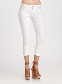 Ultra-soft denim with amazing elasticity, cropped at mid-ankle with a tack-and-roll cuff bottom.THE FITSkinny fitRise, about 7¾Inseam, about 23THE DETAILSZip flyFive-pocket stylePlain back pockets98% cotton/2% spandexMachine washMade in USA of imported fabricModel shown is 5'11 (180cm) wearing US size 4. Ultra-soft denim with amazing elasticity, cropped at mid-ankle with a tack-and-roll cuff bottom.THE FITSkinny fitRise, about 7¾Inseam, about 23THE DETAILSZip flyFive-pocket stylePlain back pockets98% cotton/2% spandexMachine washMade in USA of imported fabricModel shown is 5'11 (180cm) wearing US size 4.