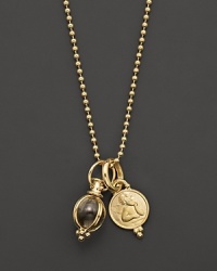 18K yellow gold angel pendant and crystal charm amulet necklace. Designed by Temple St. Clair. 18K yellow gold angel pendant and crystal charm amulet necklace. Designed by Temple St. Clair.