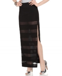 GUESS? teams sheer stripes with daringly high side slits on Virtue: an ultra-sexy maxi skirt designed to stir up trouble! GUESS? teams sheer stripes with daringly high side slits on Virtue: an ultra-sexy maxi skirt designed to stir up trouble!