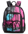 Trek or treat. Totally tripped out in hot colors and cool patterns, this bold backpack from Roxy thinks outside the box. Plenty of external pockets keep essentials easily at hand, while the ultra-roomy interior stashes everything from laptop to gym gear, and anything inbetween.