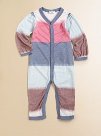 A mirage of colors adorn this plush, cozy one-piece with full front snaps for easy on and off.V-neckLong puff sleevesSnap front and legs50% rayon/50% polyesterMachine washImported Please note: number of snaps may vary depending on size ordered. A mirage of colors adorn this plush, cozy one-piece with full front snaps for easy on and off.V-neckLong puff sleevesSnap front and legs50% rayon/50% polyesterMachine washImported Please note: number of snaps may vary depending on size ordered.