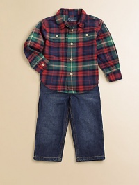 Rendered in touchably soft cotton, a classic jean and rugged plaid button-down exude timeless charm. Shirt Pointed collarLong sleeves with barrel cuffsButton-frontButton-flap patch pocketShirttail hem Jeans Front button closureRear elasticized waistband with belt loopsZip flyFive-pocket styleCottonMachine washImported Please note: Number of buttons may vary depending on size ordered. Rendered in touchably soft cotton, a classic jean and rugged plaid button-down exude timeless charm. Shirt Pointed collarLong sleeves with barrel cuffsButton-frontButton-flap patch pocketShirttail hem Jeans Front button closureRear elasticized waistband with belt loopsZip flyFive-pocket styleCottonMachine washImported Please note: Number of buttons may vary depending on size ordered.