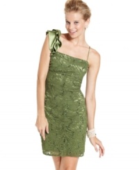 This ravishing lace number features a ruffled one-shoulder and a sprinkling of pretty sequins! Wear it with your most delicate baubles for a stunning look! This ravishing lace number features a ruffled one-shoulder and a sprinkling of pretty sequins! Wear it with your most delicate baubles for a stunning look!