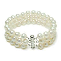 Sterling Silver 3-Row White A Grade 8.5-9mm Freshwater Cultured Pearl Bracelet, 8