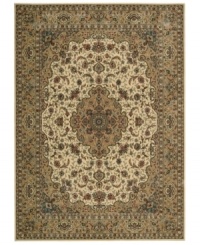 Distinctive flair with roots in Persian design. This exquisitely ornate area rug is abound in light, appealing ivory and gold tones, highlighted by a dramatic central medallion, and crafted from Nourison's own Opulon™ yarns for a densely woven pile with long-lasting color retention and durability. Distinctive flair with roots in Persian design. This exquisitely ornate area rug is abound in light, appealing ivory and gold tones, highlighted by a dramatic central medallion, and crafted from Nourison's own Opulon™ yarns for a densely woven pile with long-lasting color retention and durability.