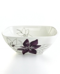Hand-painted purple and white flowers sprawl across this serving bowl, giving your tabletop a contemporary garden vibe. In glazed earthenware, the Anna Plum set from the Laurie Gates collection of dinnerware and dishes is an easy way to spruce up your decor for small gatherings or quiet nights at home. Hand-painted purple and white flowers sprawl across this serving bowl, giving your tabletop a contemporary garden vibe. In glazed earthenware, the Anna Plum set from the Laurie Gates collection of dinnerware and dishes is an easy way to spruce up your decor for small gatherings or quiet nights at home.