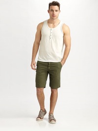 A basic casual design is given a style update with front buttons and contrast stitching. 4-button placketAbout 28¼ from shoulder to hemCottonMachine washImported A basic casual design is given a style update with front buttons and contrast stitching. 4-button placketAbout 28¼ from shoulder to hemCottonMachine washImported