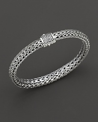 Medium signature woven chain bracelet with diamond pavé clasp, designed by John Hardy. Medium signature woven chain bracelet with diamond pavé clasp, designed by John Hardy.
