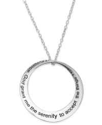 Keep your faith close with this symbolic prayer pendant. A cut-out circle features the well-known Serenity Prayer in sterling silver. Approximate length: 18 inches. Approximate drop: 1 inch. Keep your faith close with this symbolic prayer pendant. A cut-out circle features the well-known Serenity Prayer in sterling silver. Approximate length: 18 inches. Approximate drop: 1 inch.