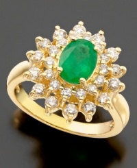 Sparkling round-cut diamonds (3/4 ct. t.w.) arranged in a beautiful sunburst highlight a glorious oval-cut emerald (1-1/8 ct. t.w.). Set in 14k gold; from Royalty Inspired by Effy Collection. Sparkling round-cut diamonds (3/4 ct. t.w.) arranged in a beautiful sunburst highlight a glorious oval-cut emerald (1-1/8 ct. t.w.). Set in 14k gold; from Royalty Inspired by Effy Collection.