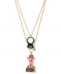 Betsey Johnson gives  new meaning to the phrase doggie bag with this two-row necklace and pendant. Crafted from gold-tone mixed metal, the chain features a ring charm and another with a chihuahua in a purse. Both are adorned with sparkling glass accents. Approximate length: 16 inches + 3-inch extender. Approximate drop: 1-1/2 inches.