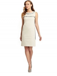THE LOOKPatterned jacquard bands trim the neckline, front and backSleevelessBack zipperTHE FITAbout 36½ from shoulder to hemTHE MATERIAL98% cotton/2% elastaneTrim: polyesterFully linedCARE & ORIGINDry cleanImportedModel shown is 5'9½ (176cm) wearing US size 2. THE LOOKPatterned jacquard bands trim the neckline, front and backSleevelessBack zipperTHE FITAbout 36½ from shoulder to hemTHE MATERIAL98% cotton/2% elastaneTrim: polyesterFully linedCARE & ORIGINDry cleanImportedModel shown is 5'9½ (176cm) wearing US size 2.