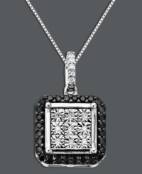 A contrasting style that's contemporary and chic. Round-cut black diamonds (1/8 ct. t.w.) and white diamond accents decorate the edges and center of this sophisticated square pendant. Crafted in sterling silver. Approximate length: 18 inches. Approximate drop: 3/4 inch. A contrasting style that's contemporary and chic. Round-cut black diamonds (1/8 ct. t.w.) and white diamond accents decorate the edges and center of this sophisticated square pendant. Crafted in sterling silver. Approximate length: 18 inches. Approximate drop: 3/4 inch.
