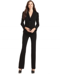Subtle pinstripes add a menswear-inspired touch to Tahari by ASL's feminine-cut pantsuit. Buckle details help define the waist, too. Subtle pinstripes add a menswear-inspired touch to Tahari by ASL's feminine-cut pantsuit. Buckle details help define the waist, too.