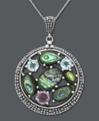 Ocean inspiration. Genevieve & Grace's circular pendant resembles a pretty pool full of round-cut blue topaz (1-1/4 ct. t.w.), amethyst (2/3 ct. t.w.) and abalone encircled with marcasite. Set in sterling silver. Approximate length: 18 inches. Approximate drop: 1-5/8 inches. Ocean inspiration. Genevieve & Grace's circular pendant resembles a pretty pool full of round-cut blue topaz (1-1/4 ct. t.w.), amethyst (2/3 ct. t.w.) and abalone encircled with marcasite. Set in sterling silver. Approximate length: 18 inches. Approximate drop: 1-5/8 inches.