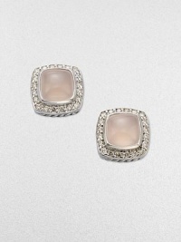 From the Petite Albion Collection. An ultra-feminine design with dazzling pavé diamonds surrounding a pink chalcedony stone center set in sterling silver. Pink chalcedonyDiamonds, .4 tcwSterling silverSize, about ¼Post backImported From the Petite Albion Collection. An ultra-feminine design with dazzling pavé diamonds surrounding a pink chalcedony stone center set in sterling silver. Pink chalcedonyDiamonds, .4 tcwSterling silverSize, about ¼Post backImported